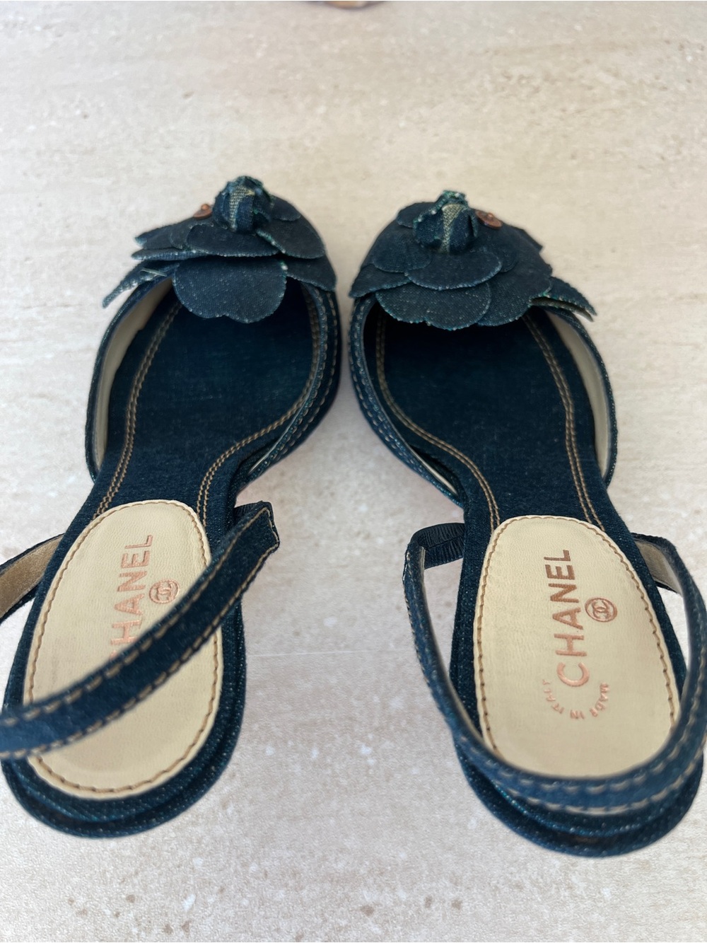 CHANEL Navy Denim Camellia Slingback Heels - Picture 9 of 9